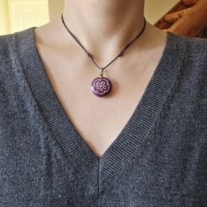 Handmade South American Ceramic Purple Flower Bohemian Aromatherapy Necklace